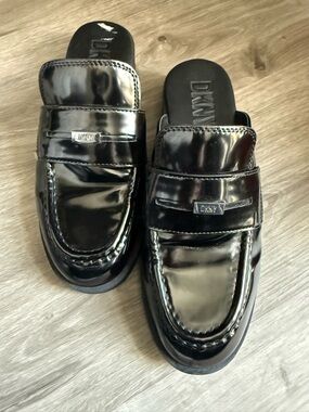 DKNY Black Patent Leather Slip-On Mule Loafers